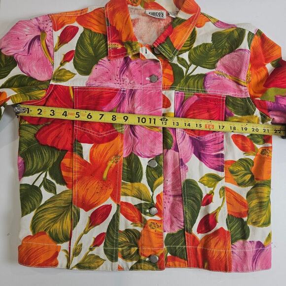 Chico’s Design Size 2 Large Floral Tropical Pink & Orange Denim Beading Jacket - Picture 5 of 8